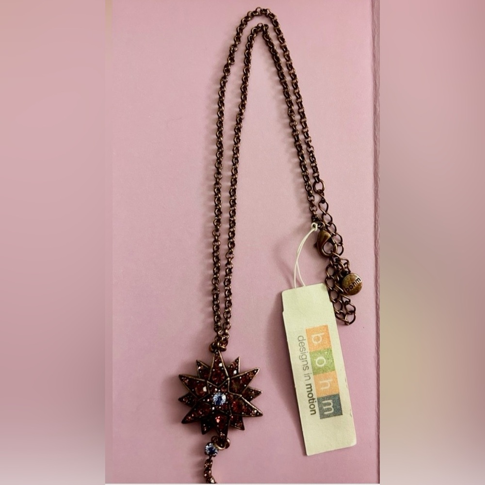 Nwt Bohm Necklace purple & blue crystal rhinestone triple star, copper chain 16”